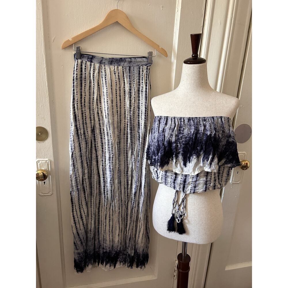 Vintage Havana Blue Tie Dye 2 Piece Set Strapless Crop Top Maxi Skirt Boho